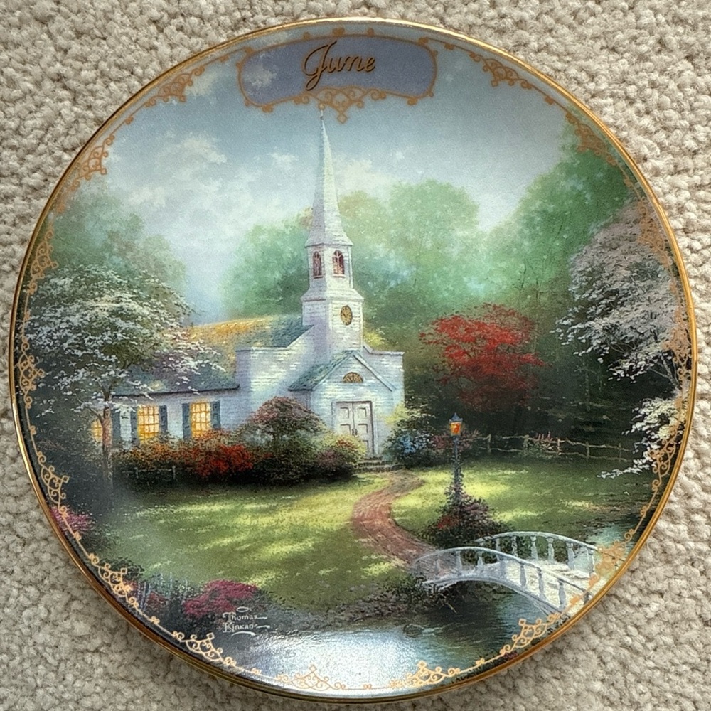 Thomas Kinkade's Simpler Times Vintage Calendar Plate June Hometown Chapel